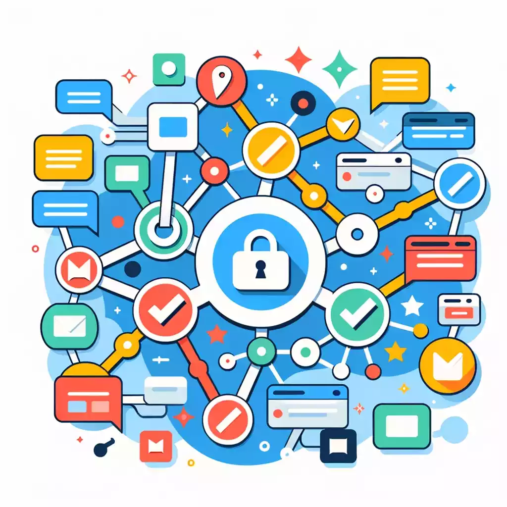 Ilustración colorida en estilo flat que muestra una red de enlaces interconectados, simbolizando el concepto de backlinks en estrategias de linkbuilding