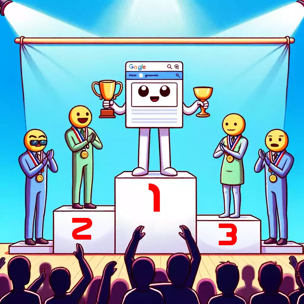Meme humorístico de un podio de premiación donde una página web es celebrada por alcanzar la primera posición en los rankings de motores de búsqueda, con personajes de motores de búsqueda aplaudiendo en la audiencia