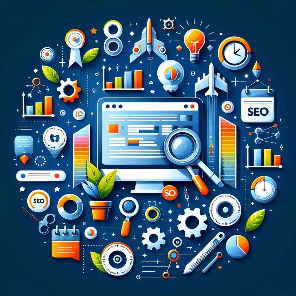 Elementos simbólicos de SEO integrados en el diseño web para destacar la importancia de la optimización en motores de búsqueda