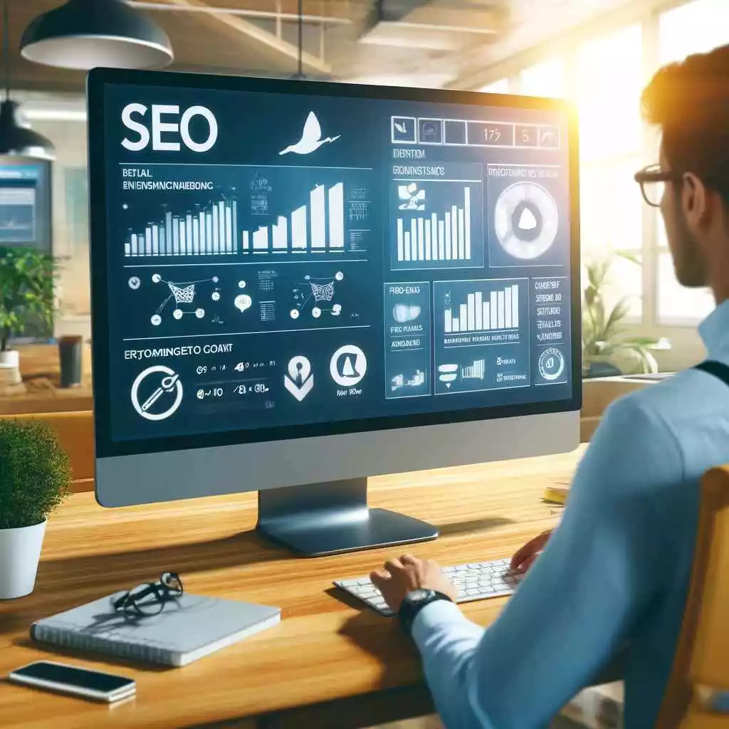 Especialista en marketing digital revisando métricas de SEO en un monitor grande, destacando la importancia del SEO para blogs dentro de una oficina moderna de marketing digital
