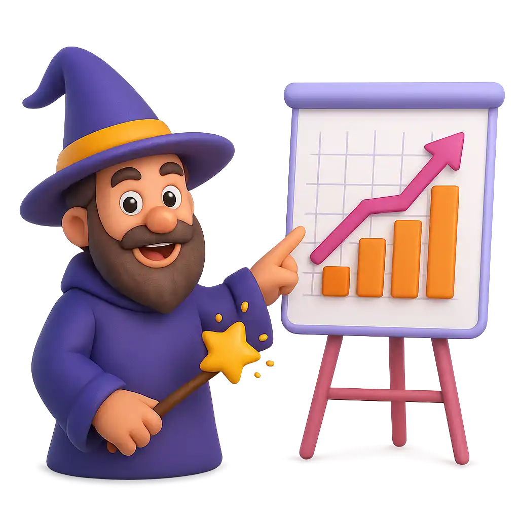 mago del marketing digital con grafica de incremento de visitas a la web