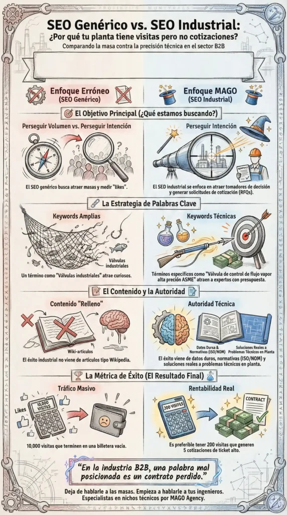 Infografía comparativa SEO Genérico vs SEO Industrial: Diferencias en intención de búsqueda, palabras clave técnicas y conversión de leads B2B