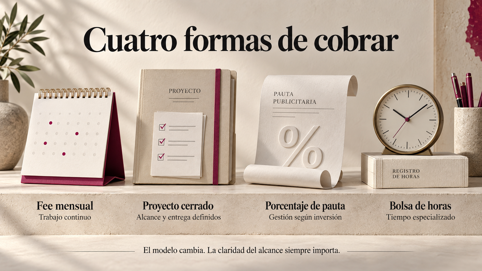 Cuatro modelos de cobro de agencia representados por un calendario, una carpeta de proyecto, una hoja de pauta con porcentaje y un reloj sobre un registro de horas.