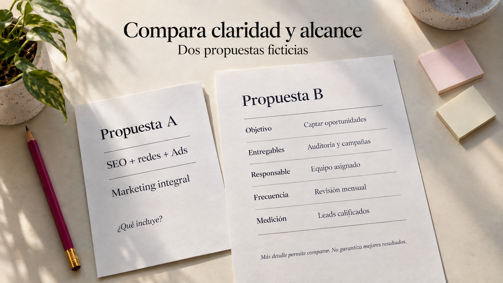 Dos propuestas ficticias: una enumera SEO, redes y Ads; la otra detalla objetivo, entregables, responsable, frecuencia y medición para comparar su alcance.