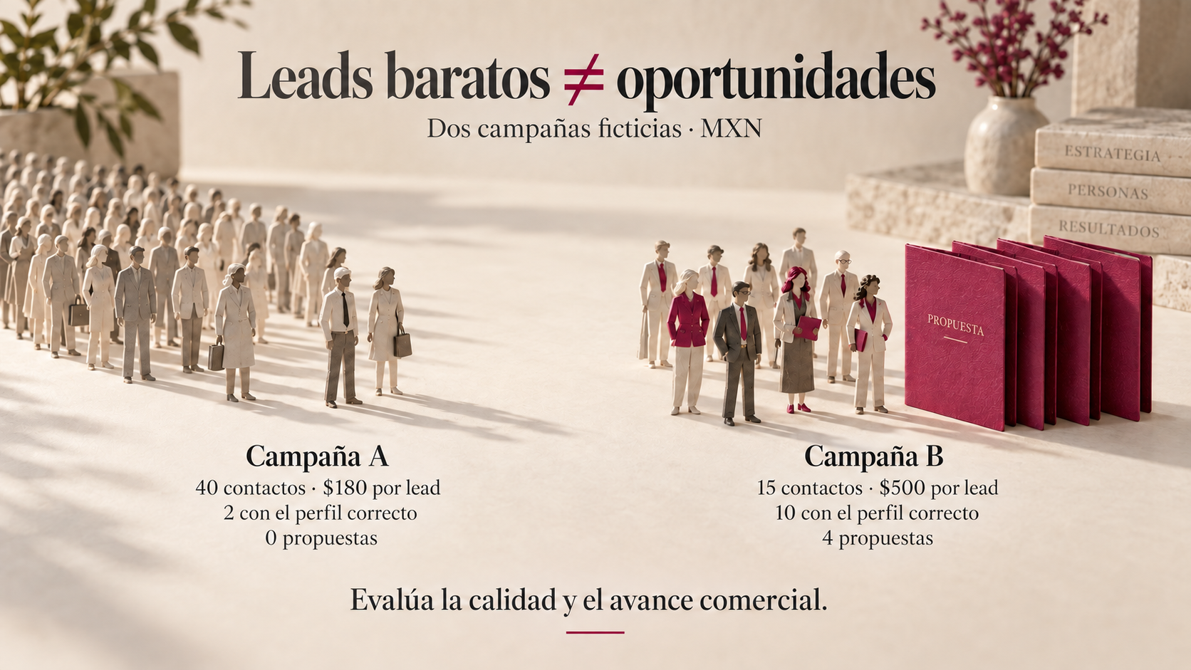 Comparación ficticia: la campaña A consigue 40 contactos a $180 y ninguna propuesta; la B consigue 15 a $500 y cuatro propuestas, representadas por carpetas magenta.