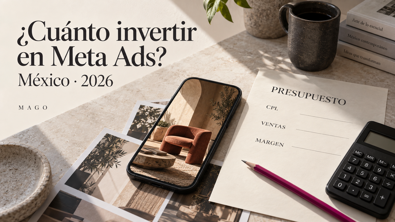 Escena editorial sobre cuánto invertir en Meta Ads en México en 2026: teléfono con fotografía de producto, hoja de presupuesto, calculadora y lápiz magenta.