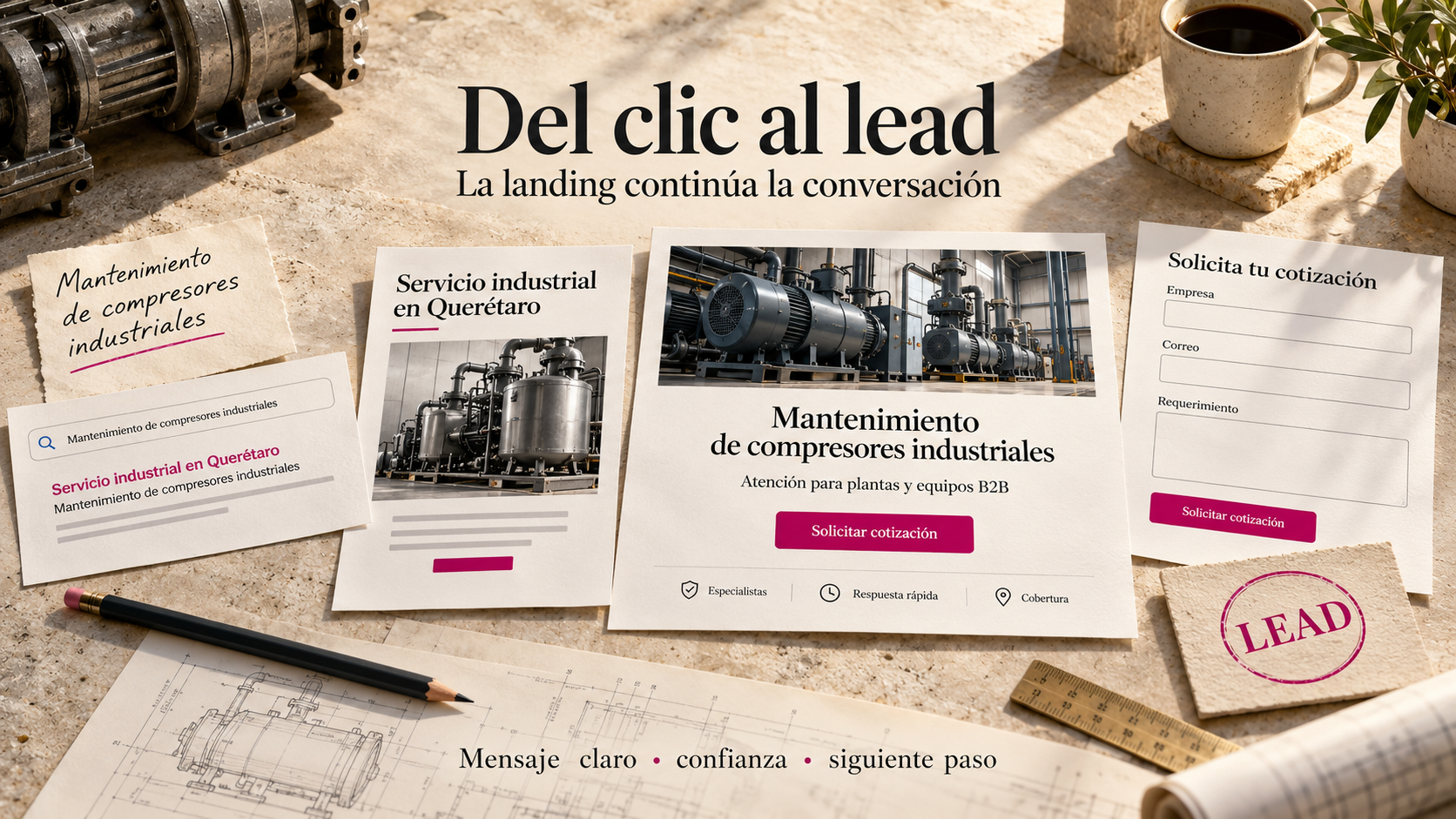 Recorrido editorial de una búsqueda de mantenimiento industrial hacia un anuncio, una landing con propuesta y CTA, un formulario y un lead.