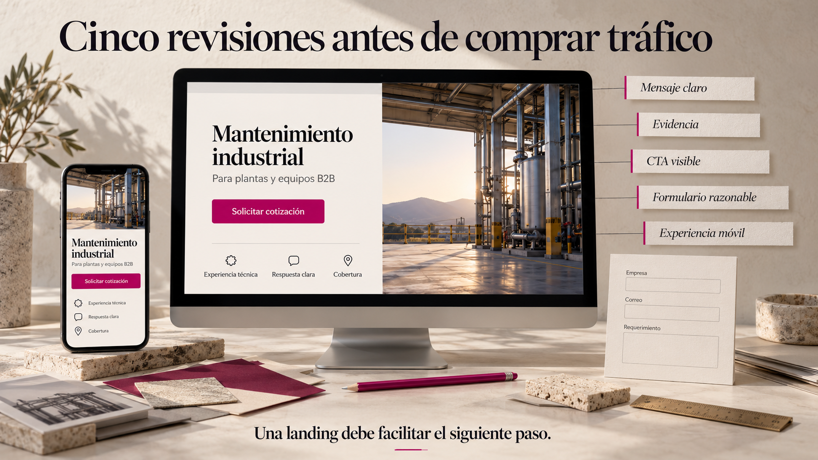 Revisión editorial de una landing B2B en escritorio y móvil con mensaje claro, evidencia, CTA visible, formulario razonable y experiencia móvil.