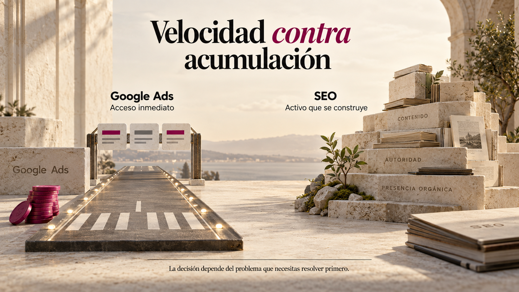 Escena editorial que contrasta Google Ads como acceso inmediato mediante una pista con presupuesto y SEO como activo orgánico construido por capas de contenido y autoridad.
