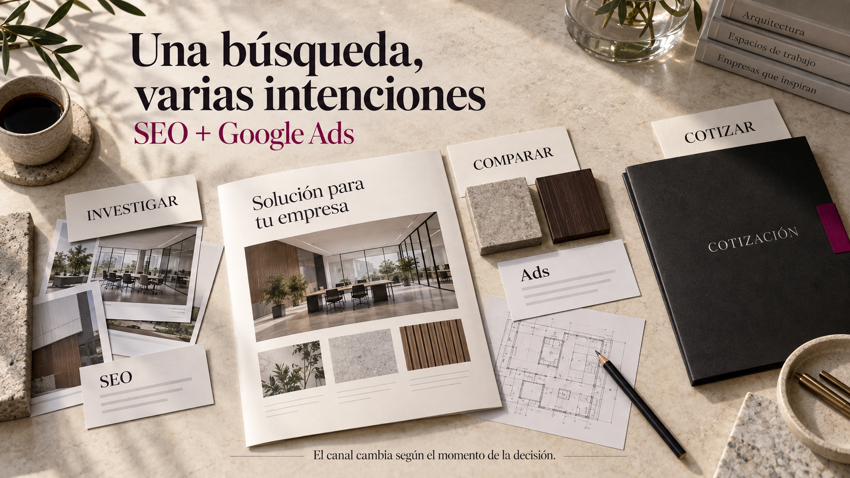 Mapa editorial de una decisión B2B: tarjetas de investigar, comparar y cotizar rodean una landing de solución empresarial y una carpeta de cotización, con resultados SEO y Ads.