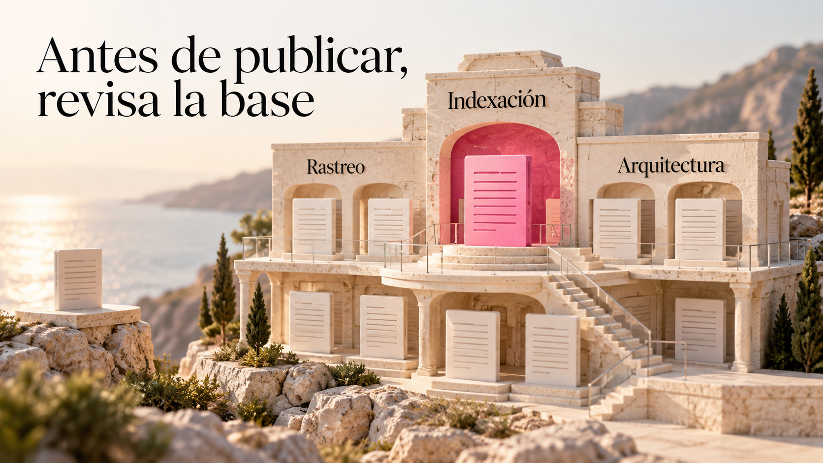 Maqueta arquitectónica con páginas conectadas y una página aislada, bajo las etiquetas Rastreo, Indexación y Arquitectura