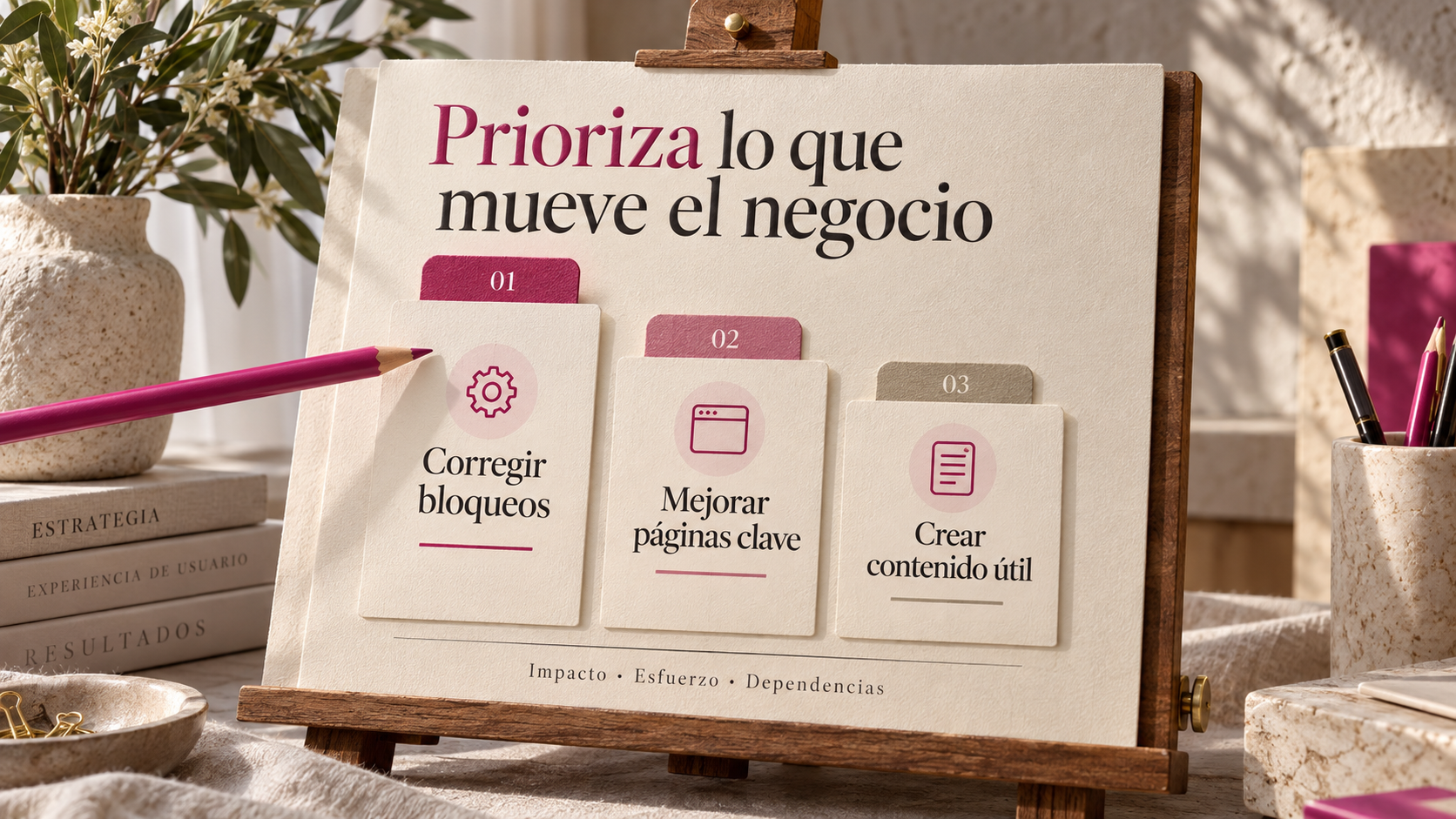Folio en caballete que ordena corregir bloqueos, mejorar páginas clave y crear contenido útil