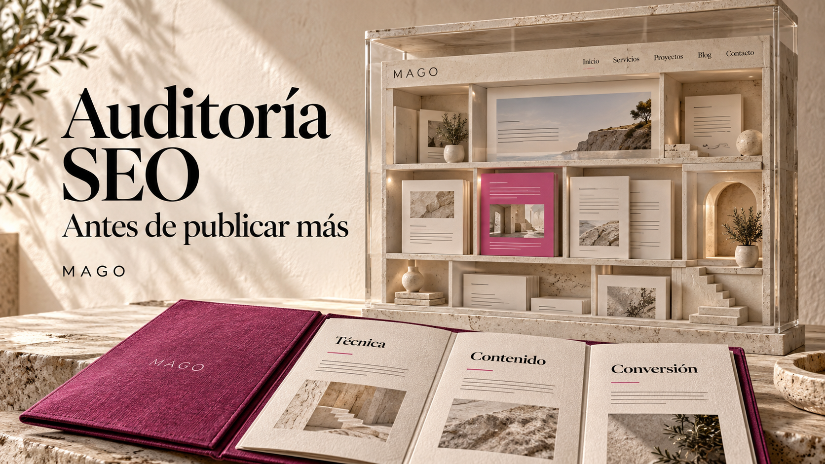 Vitrina con maqueta de páginas web y folio de técnica, contenido y conversión para una auditoría SEO