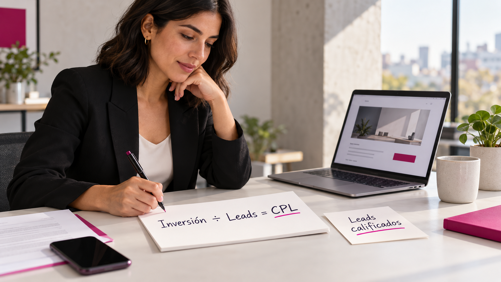 Consultora escribe la fórmula inversión dividida entre leads igual a CPL y destaca los leads calificados