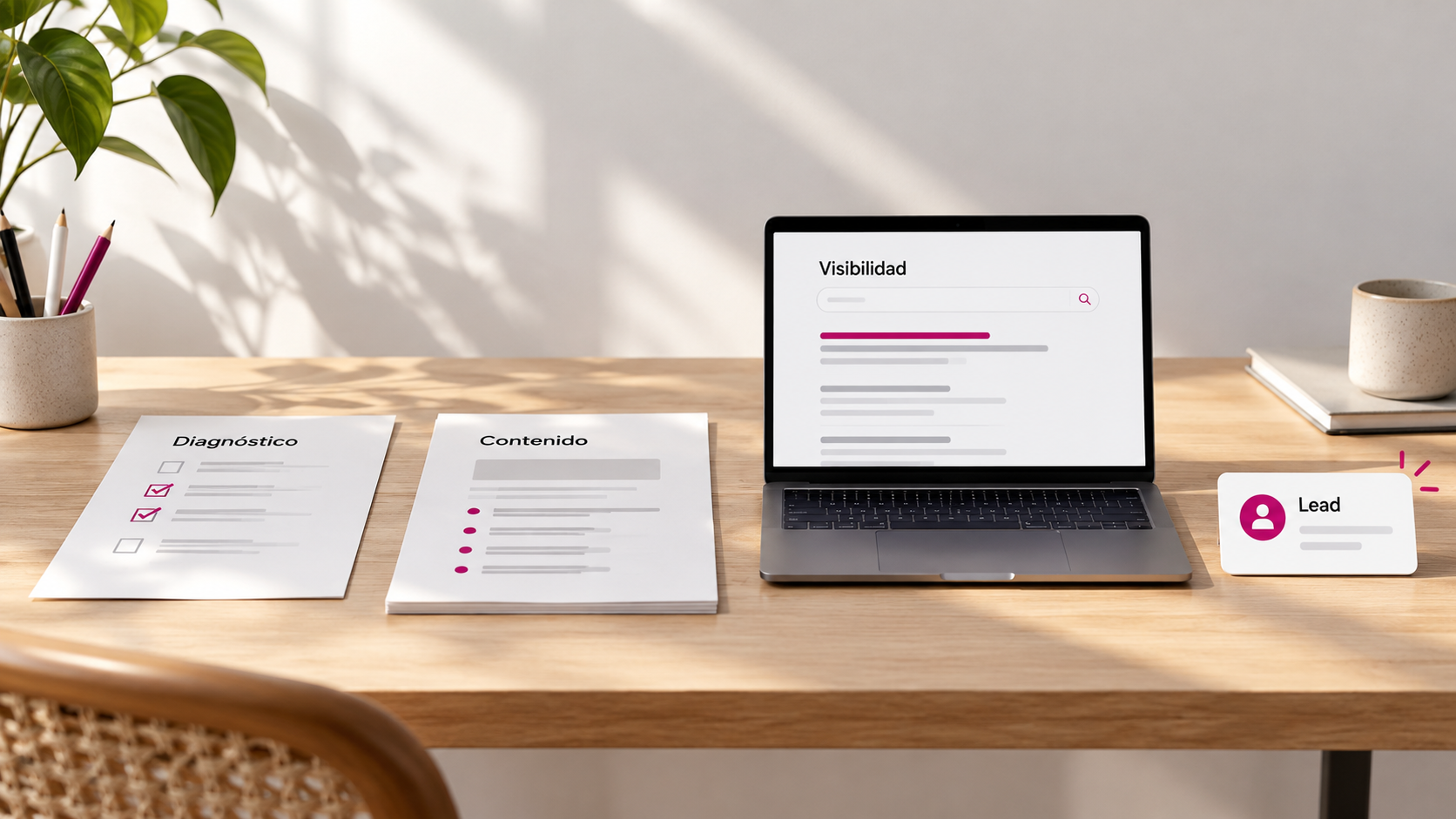 Escritorio editorial que muestra las etapas del SEO desde diagnóstico y contenido hasta visibilidad y un lead calificado