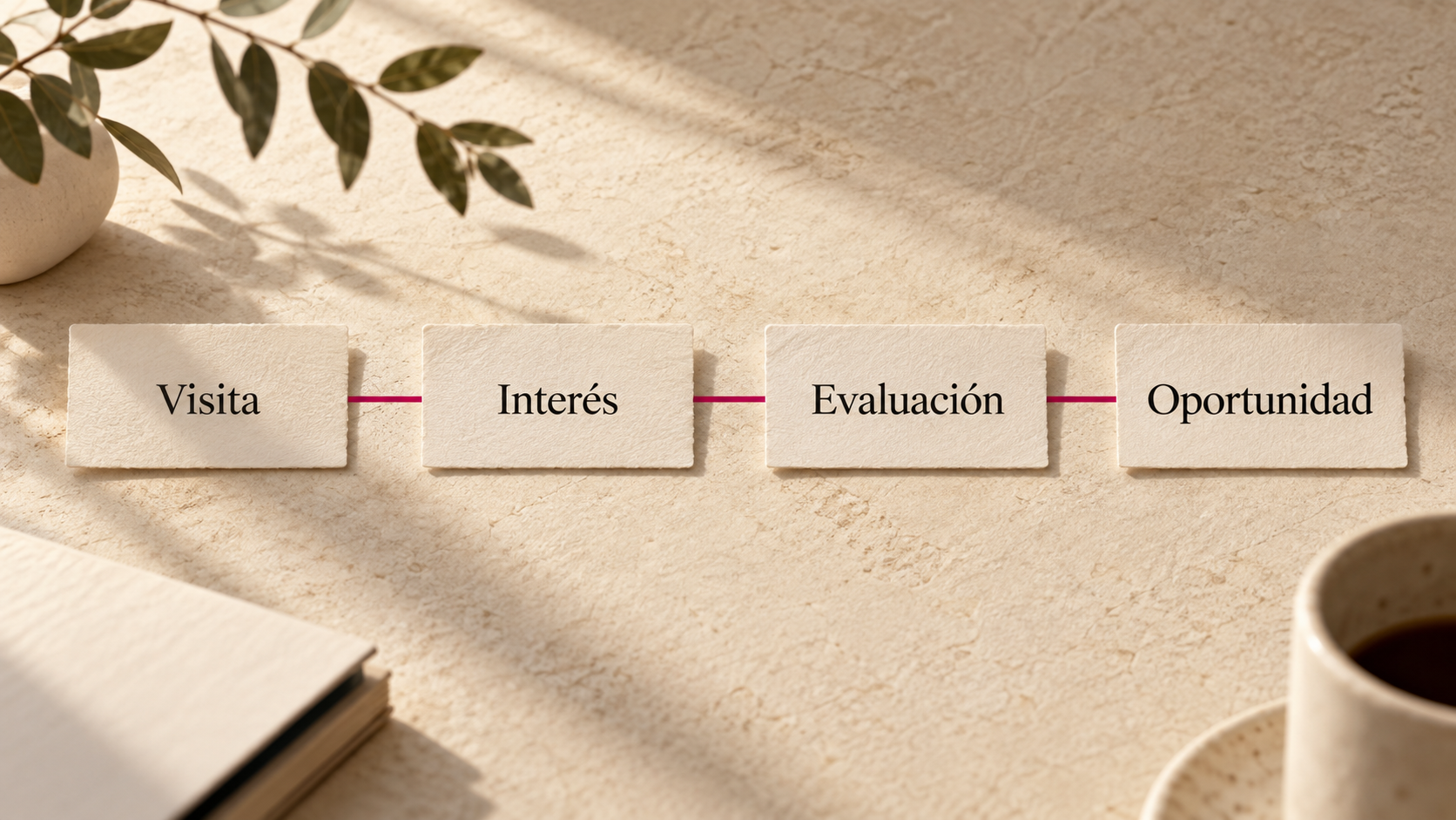 Composición editorial limpia que representa las etapas de un embudo B2B desde visita hasta oportunidad comercial