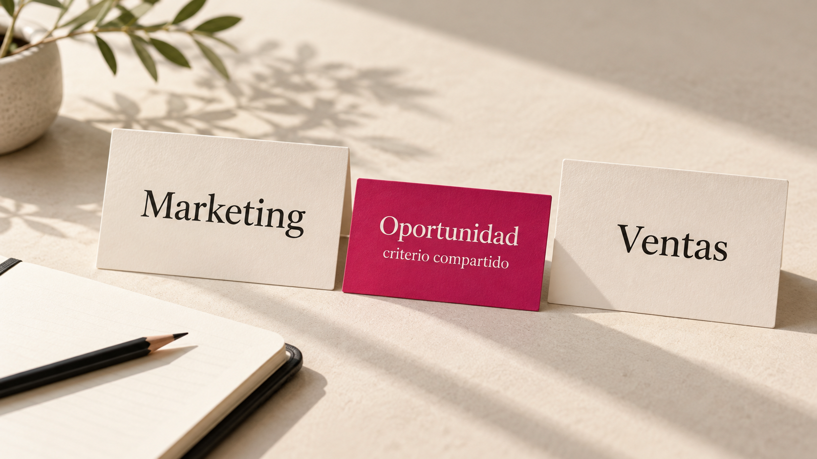 Escena editorial con tarjetas de Marketing y Ventas que comparten una tarjeta central llamada Oportunidad