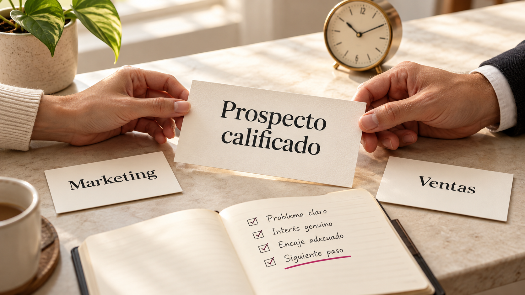 Marketing y Ventas revisan una tarjeta de Prospecto calificado con un checklist de siguiente paso