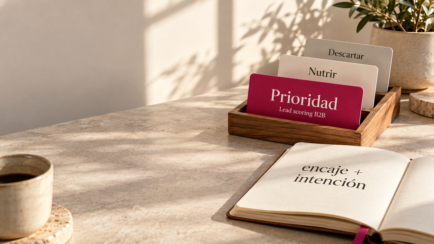 Tarjetas de prospectos B2B ordenadas como Prioridad, Nutrir y Descartar junto a una libreta de encaje e intención