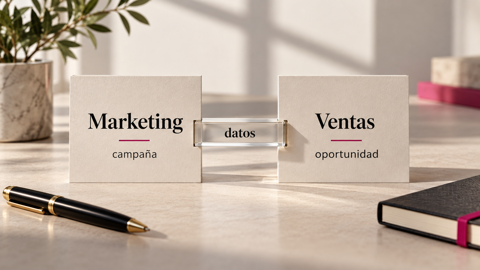 Dos tarjetas editoriales llamadas Marketing y Ventas conectadas por un puente de datos que une campaña y oportunidad