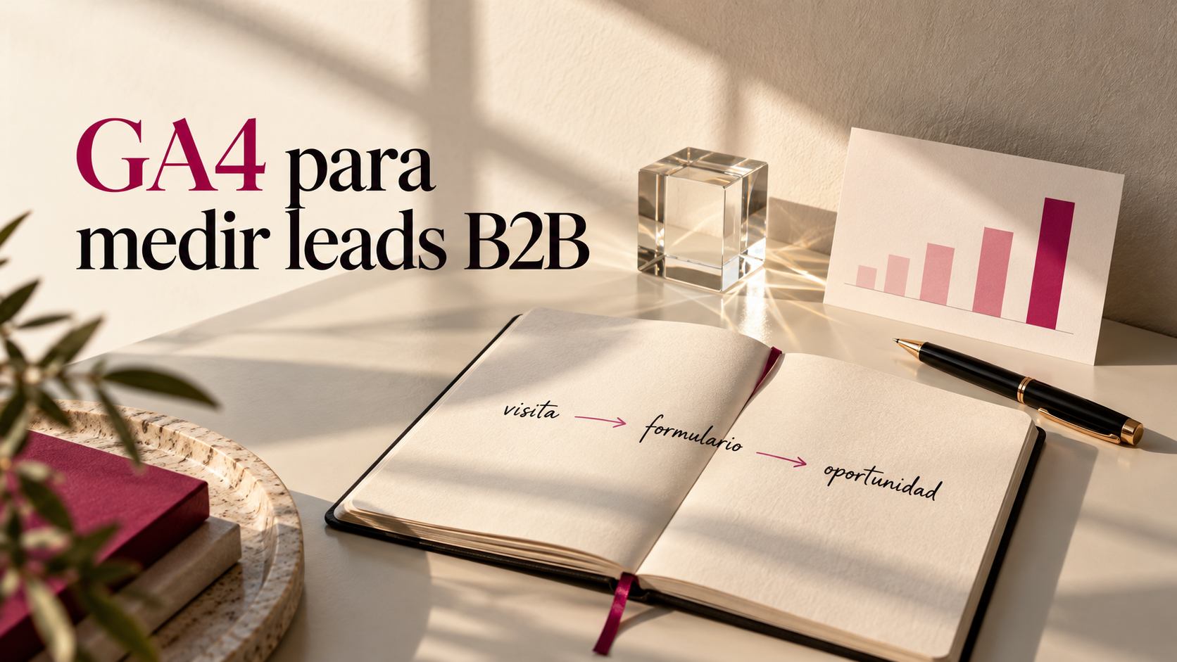 Bodegón editorial con cuaderno que muestra visita, formulario y oportunidad para explicar cómo medir conversiones en GA4