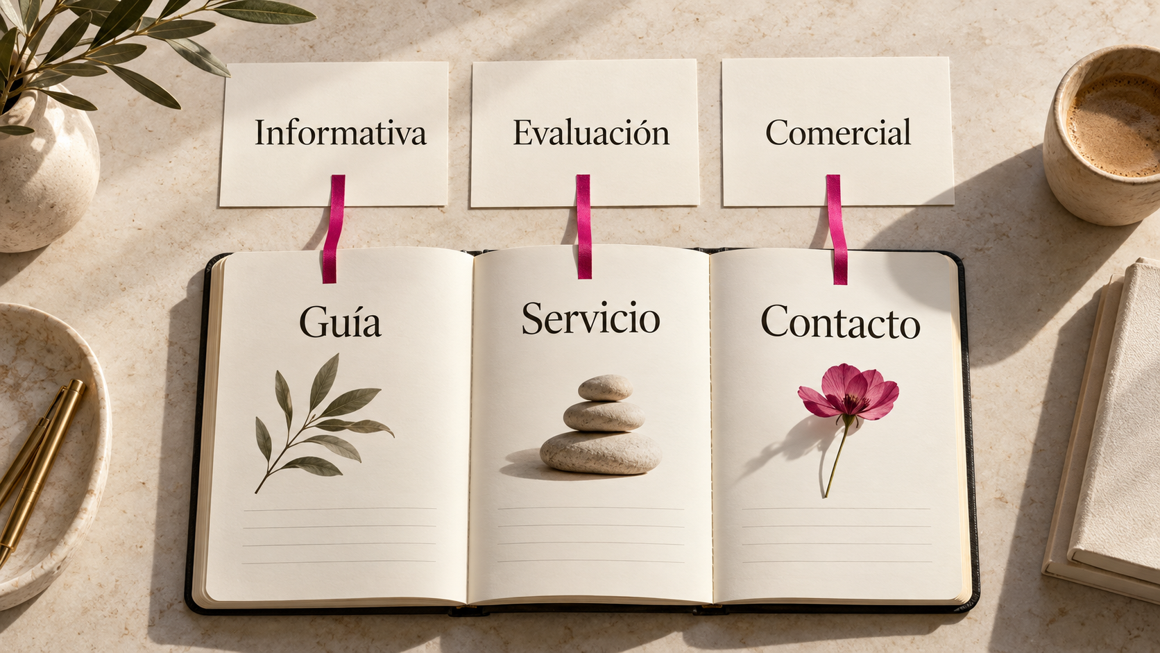 Mapa editorial que conecta las intenciones Informativa, Evaluación y Comercial con las páginas Guía, Servicio y Contacto