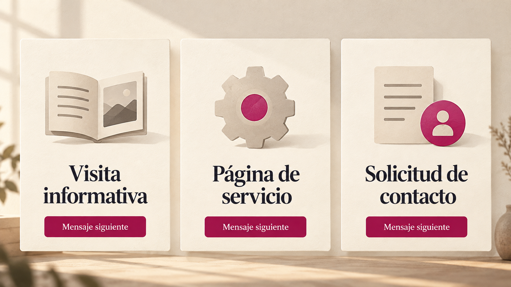 Tres audiencias B2B separadas como Visita informativa, Página de servicio y Solicitud de contacto, cada una con un mensaje siguiente