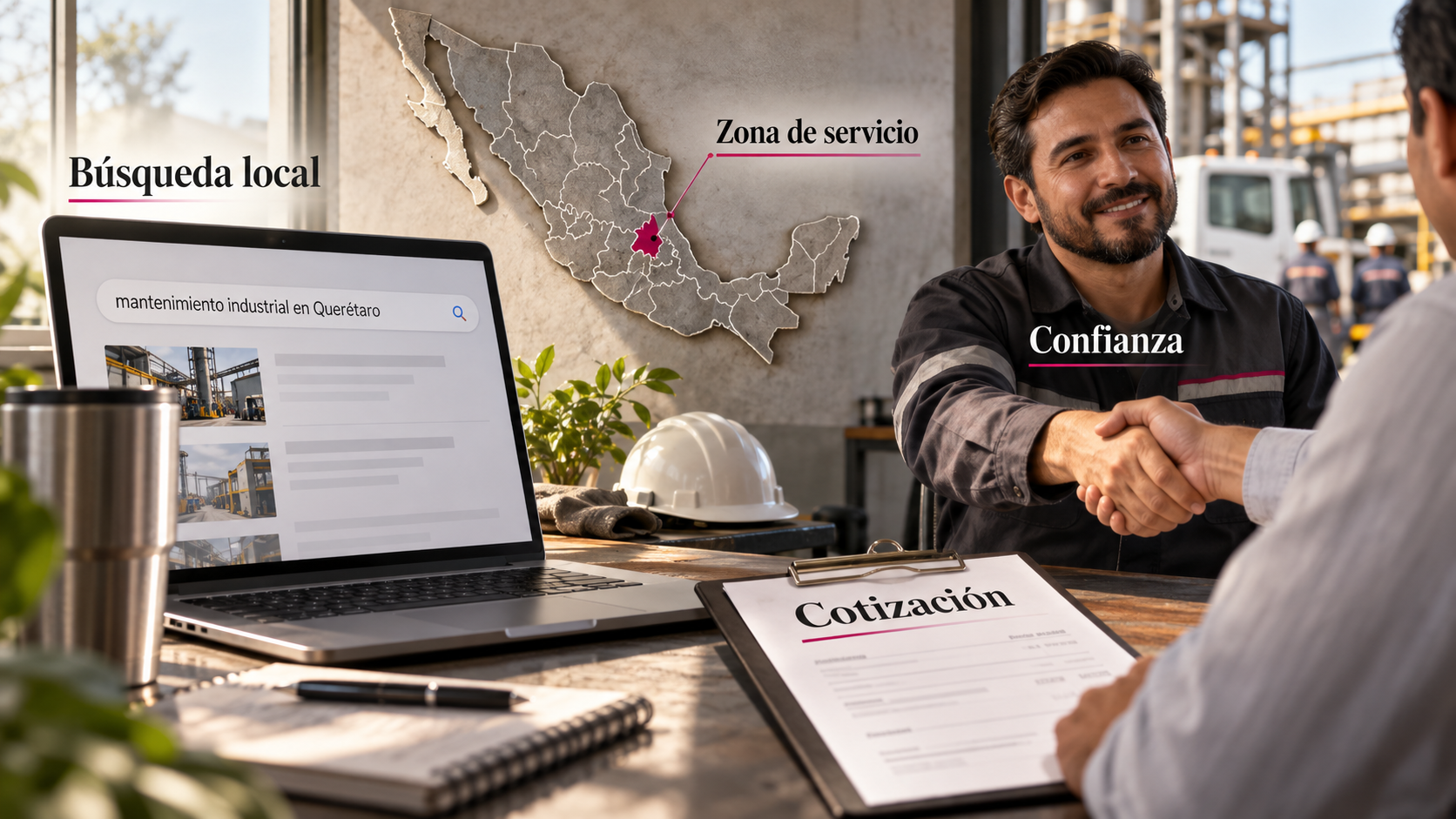 Escena editorial de una empresa industrial mexicana conectada con una búsqueda local, una zona de servicio y una solicitud de cotización