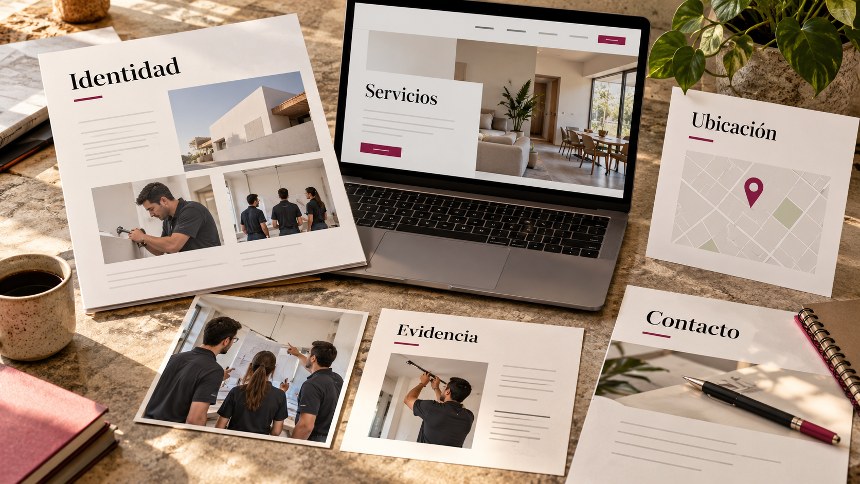 Mesa editorial con ficha de negocio, fotografías propias, reseñas verificables y datos de contacto de una empresa mexicana